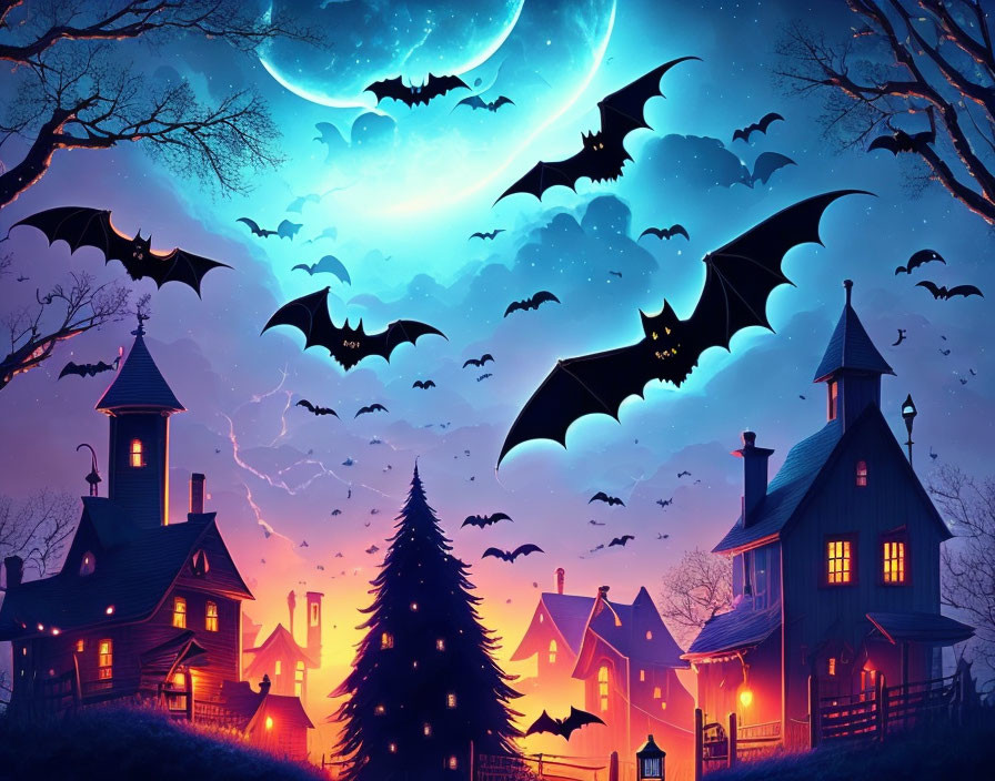 Illustration of bats flying over village with moonlit sky