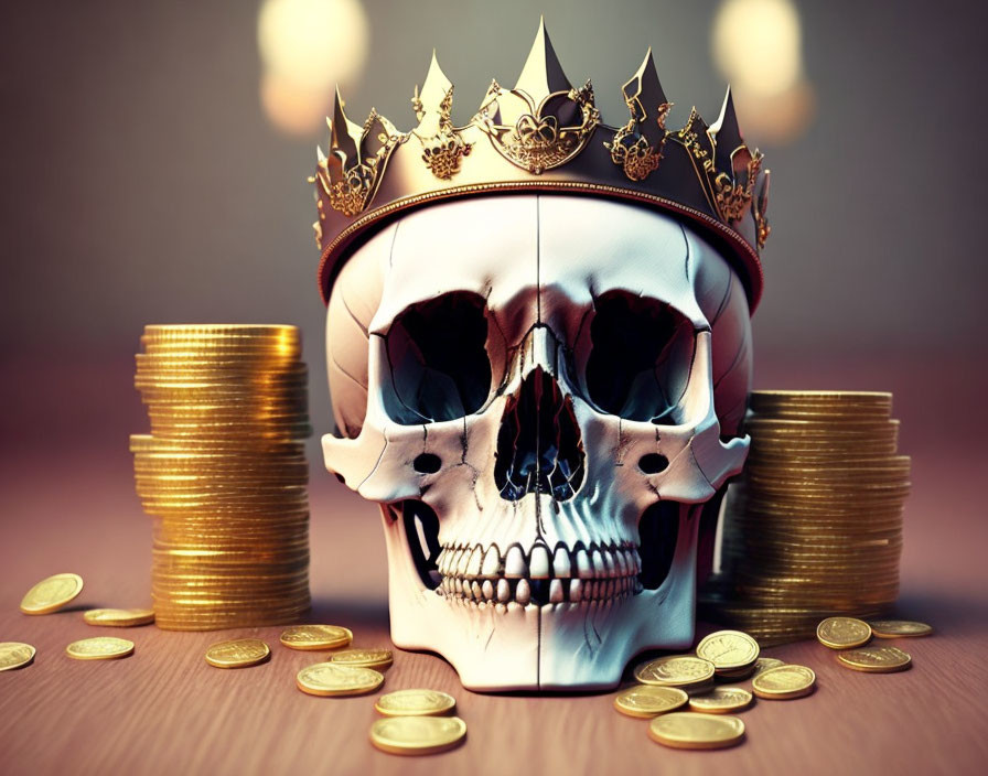 Human Skull with Gold Crown and Coins on Warm Background