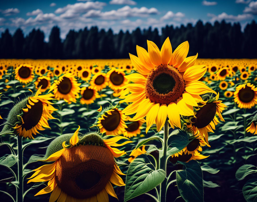 Vibrant sunflower field under blue sky with one in focus