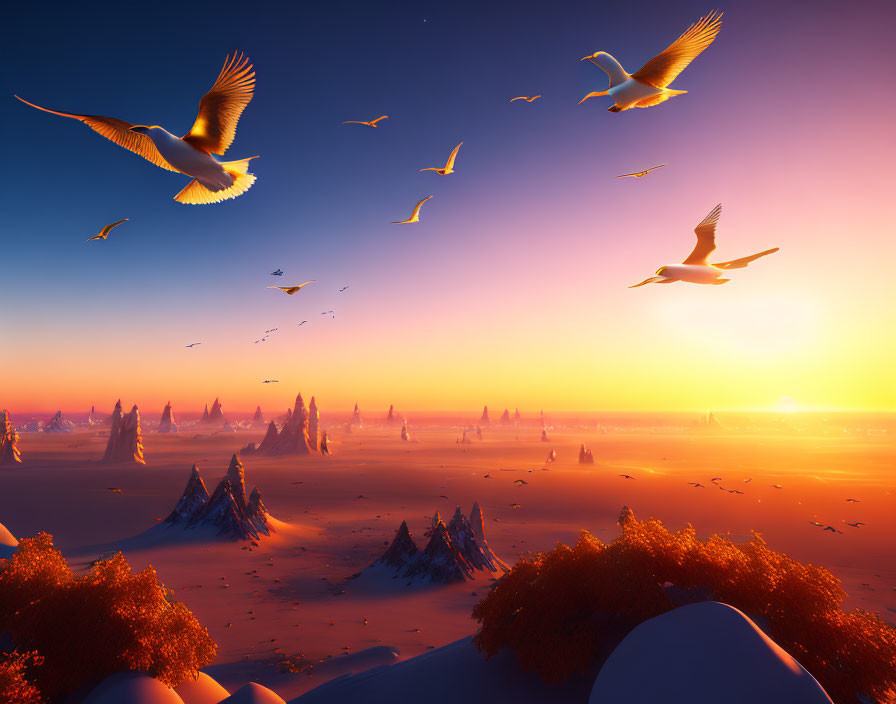 Birds flying over serene landscape with orange-leafed trees and snow-capped mountains