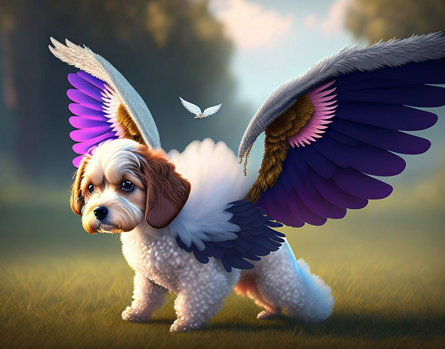 Digitally altered dog with vibrant bird wings in tranquil outdoor scene