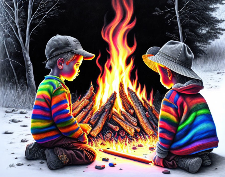 Children in Colorful Striped Sweaters by Campfire at Night