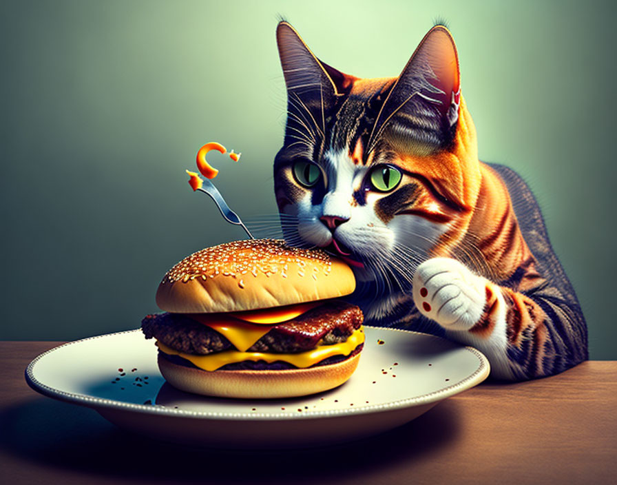 Digitally altered cat with human-like eyes and hands reaching for a cheeseburger with a decorative umbrella