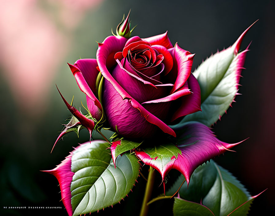 Vibrant red rose with pink petals and sharp thorns on green background