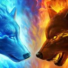 Digital artwork: Two wolves in cosmic setting, one with blue starry aura, the other glowing orange