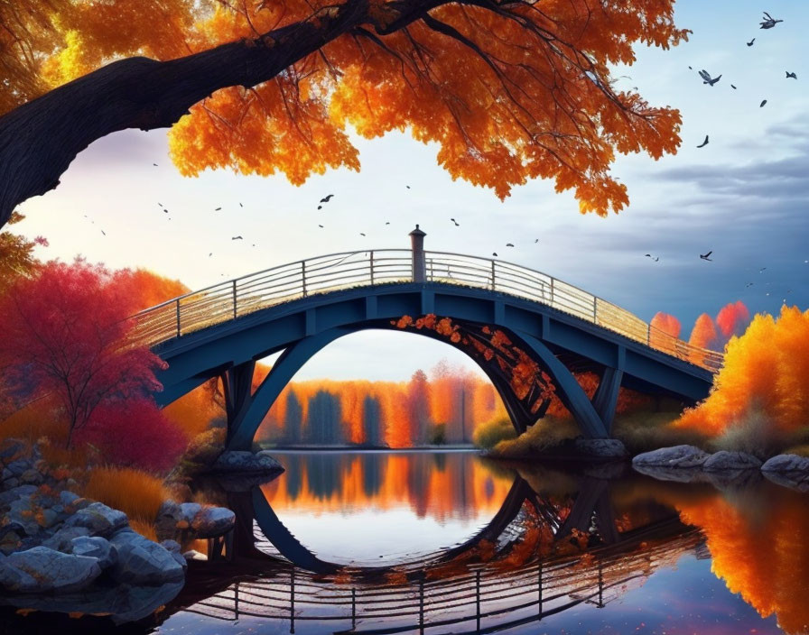 Tranquil pond with arched bridge, autumn foliage, birds, and sunset reflection.