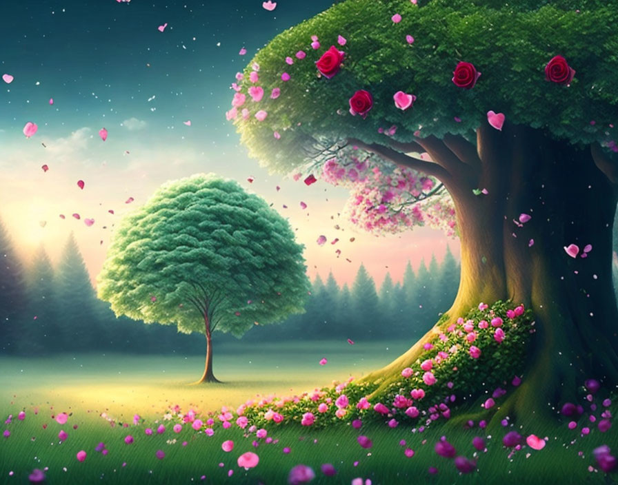 Enchanting twilight scene with swirling rose petals and blooming roses on a magical tree