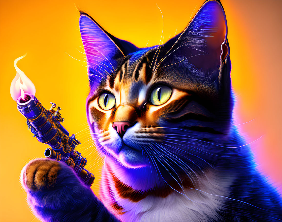 Colorful Cat Artwork with Green-Eyed Cat Holding Flame-Thrower