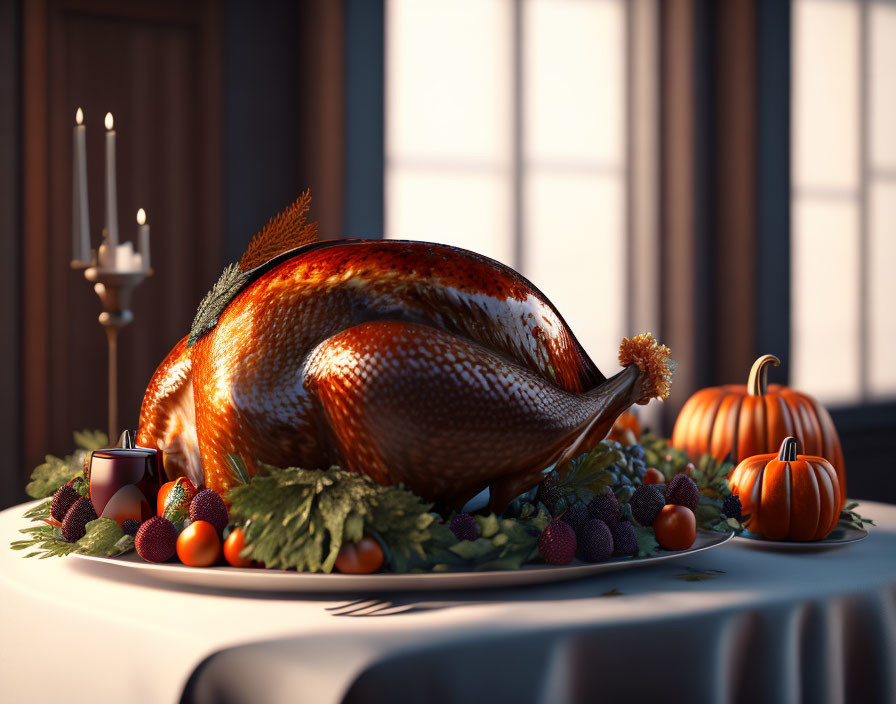 Festive holiday dinner table with roasted turkey and decorations