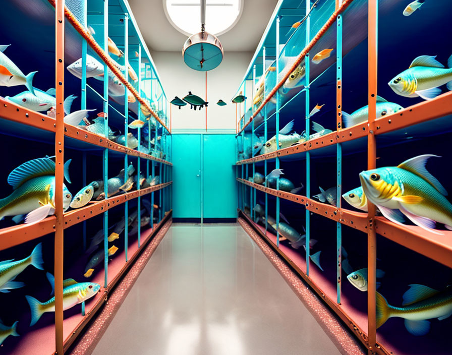 Library with aquarium shelves and floating fish in surreal teal and orange setting