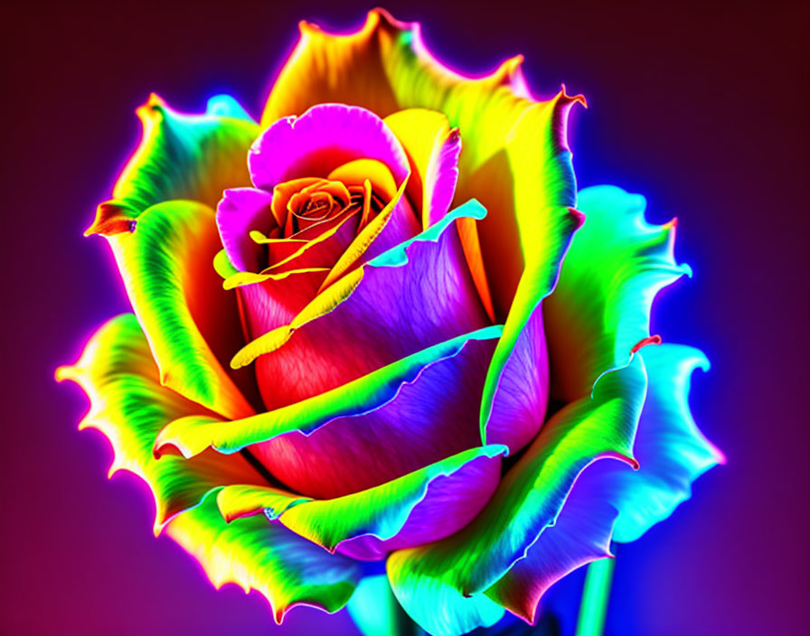 Neon-colored rose with rainbow petals on dark background