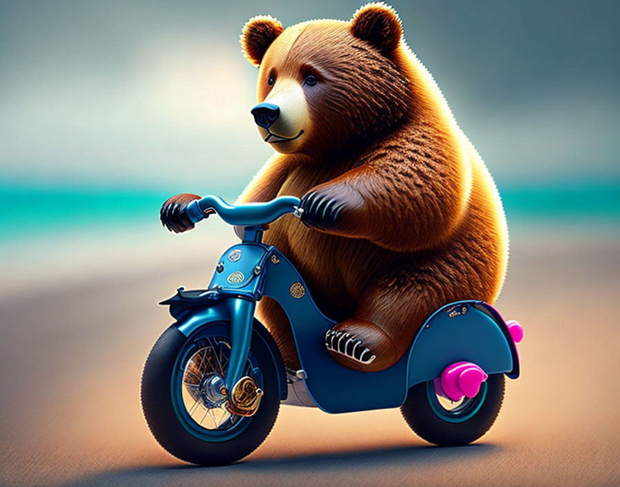 Illustrated Bear on Blue Scooter in Soft Blurred Background