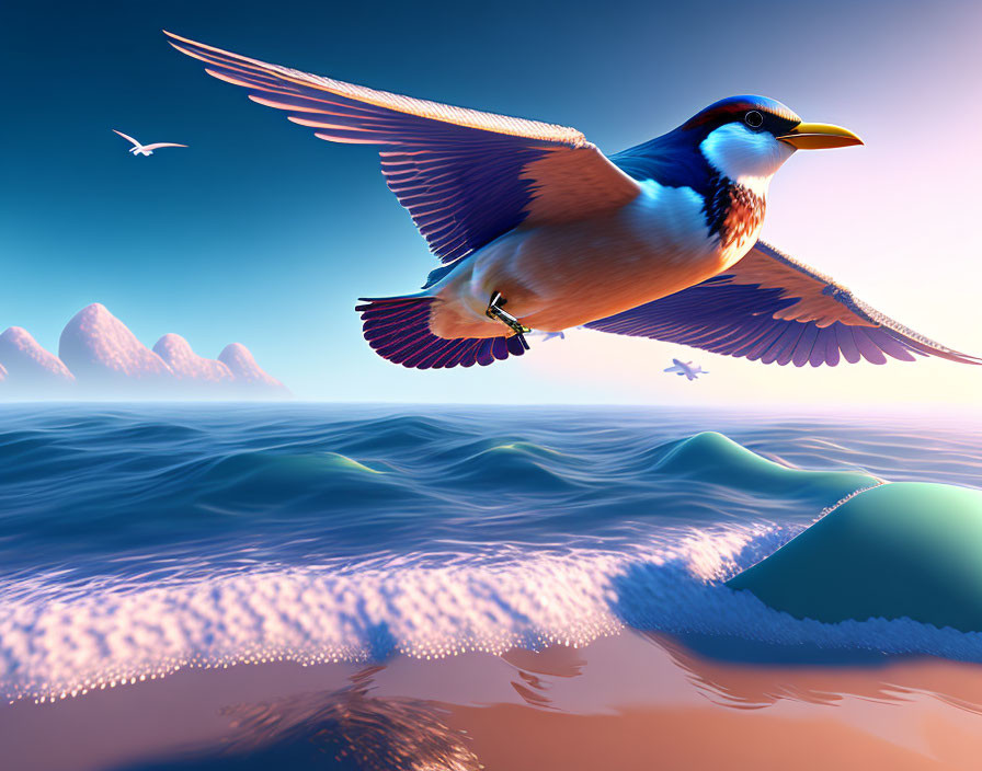 Colorful oversized bird flying over tranquil sea at sunset with mountains and seagull.