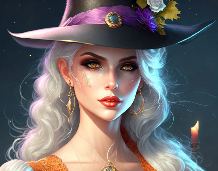 Woman with White Wavy Hair in Wide-Brimmed Hat and Sparkling Makeup