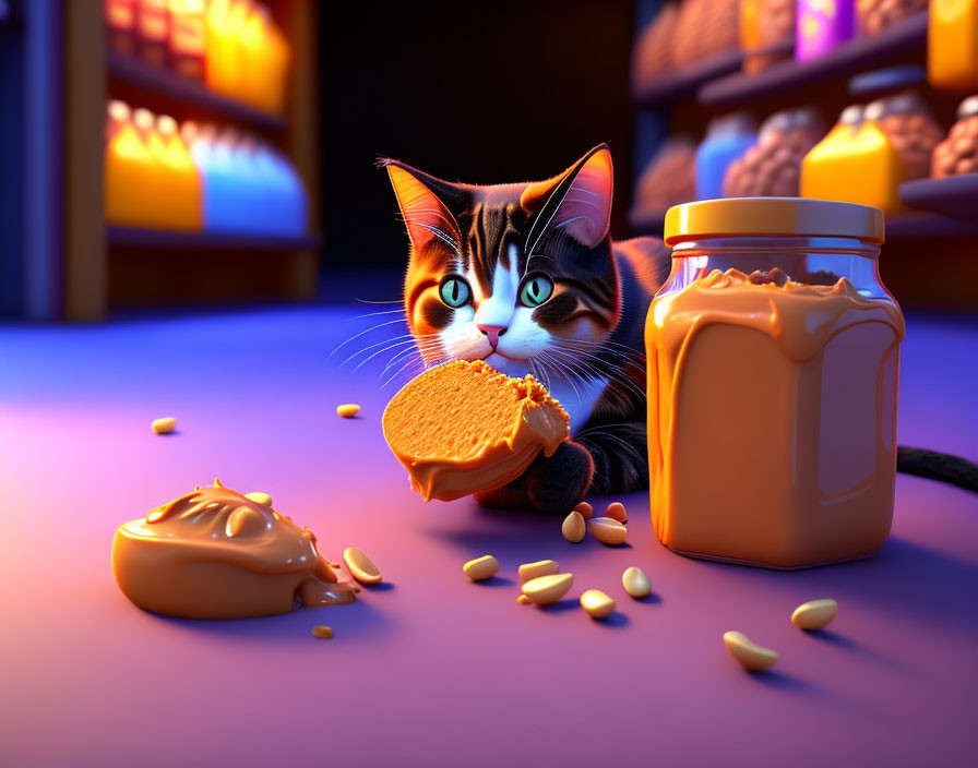 Wide-eyed cartoon cat eating peanut butter bread with spilled nuts and jar.