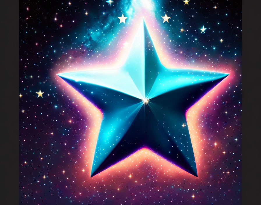 Glowing blue star illustration on cosmic backdrop.