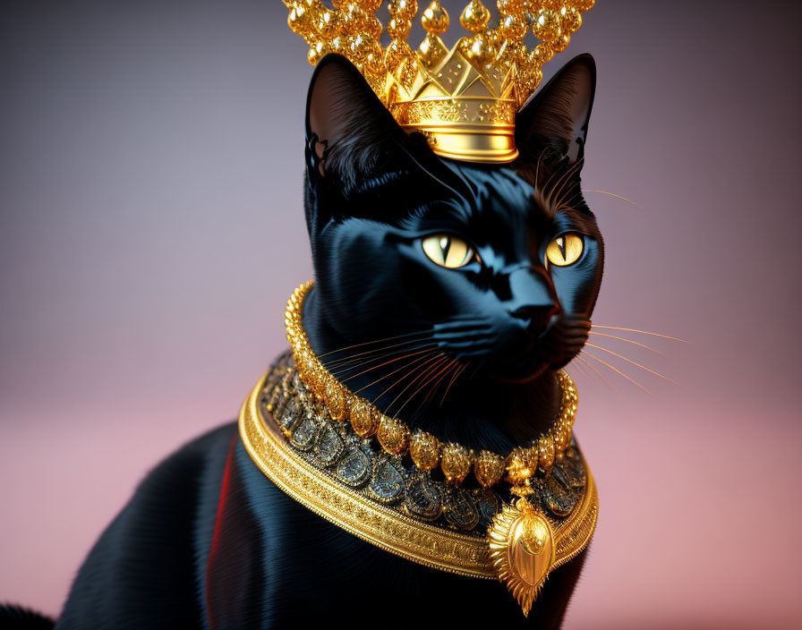 Black cat wearing crown and necklace on pink background