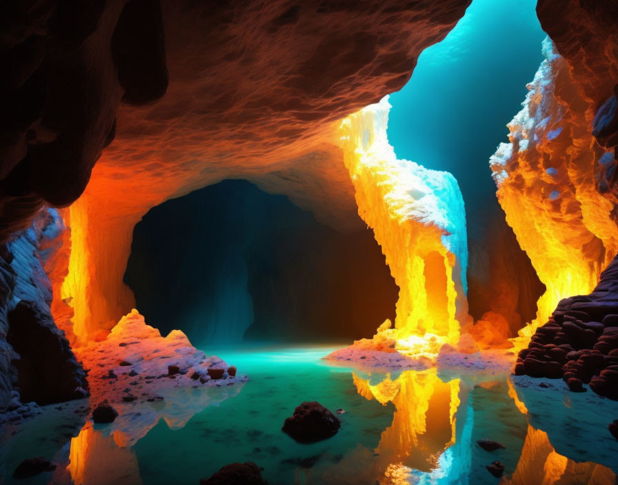 Colorful Cave with Turquoise Pool & Luminous Entrance