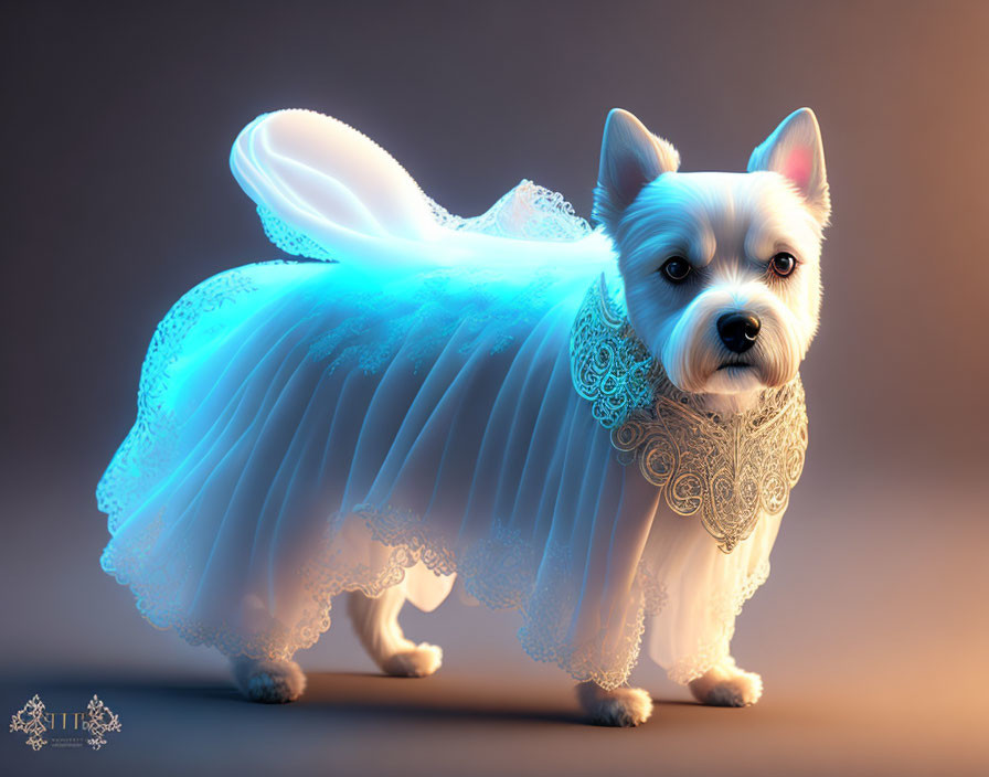 Small Dog in Fairy-Like Costume with Translucent Blue Skirt