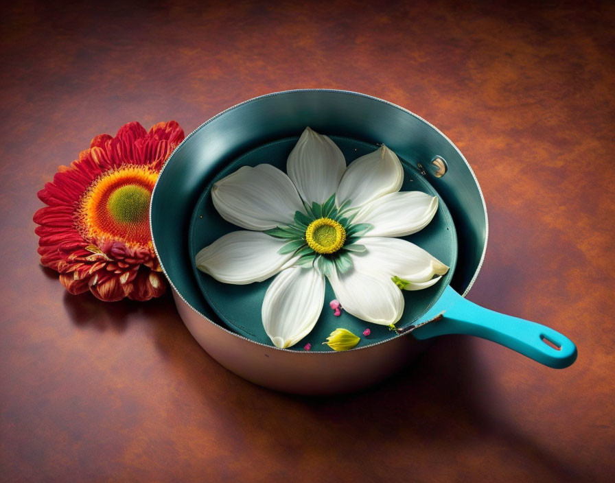 Turquoise-handled frying pan with flower petals resembling fried egg next to red-orange gerbera on