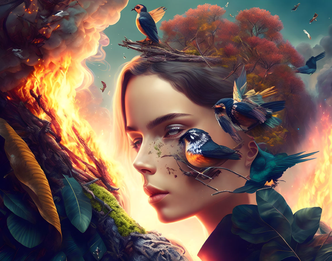 Surreal portrait blending woman's face with birds, fire, and foliage