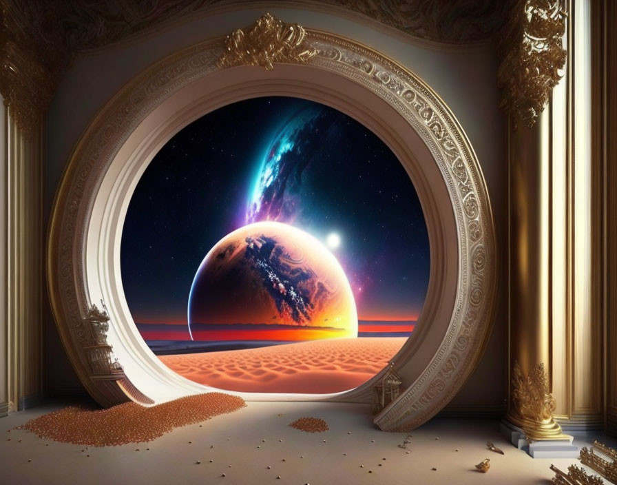 Cosmic oval frame with vibrant planet and desert landscape