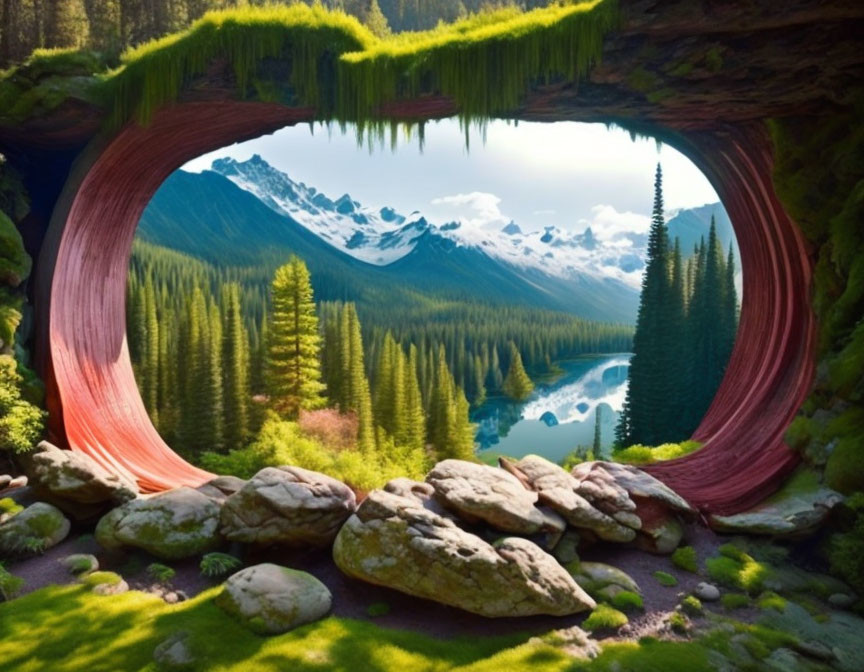 Mountain range and lake framed by natural archway with greenery and rocks.