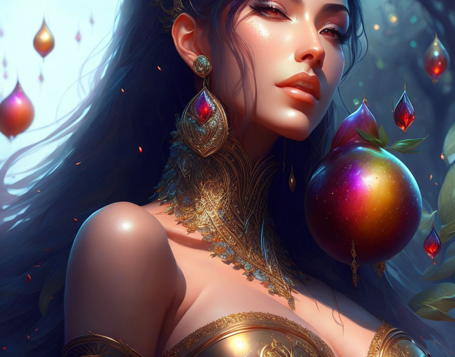 Digital artwork featuring woman with ornate jewelry and mystical floating fruits in enchanted forest