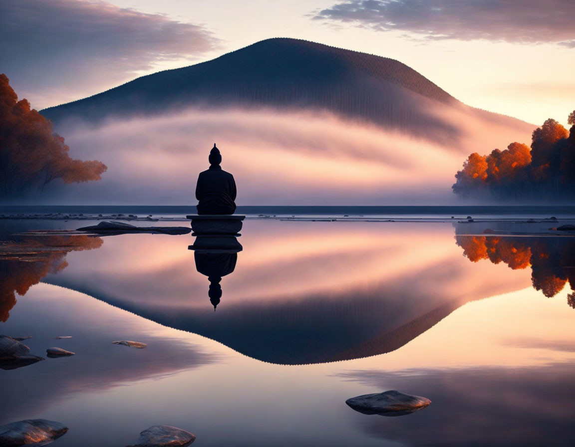 Person meditates by tranquil lake with misty mountain reflection at sunrise