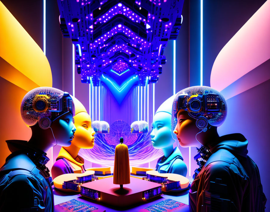 Futuristic humanoid figures with exposed circuitry in vibrant neon-lit room