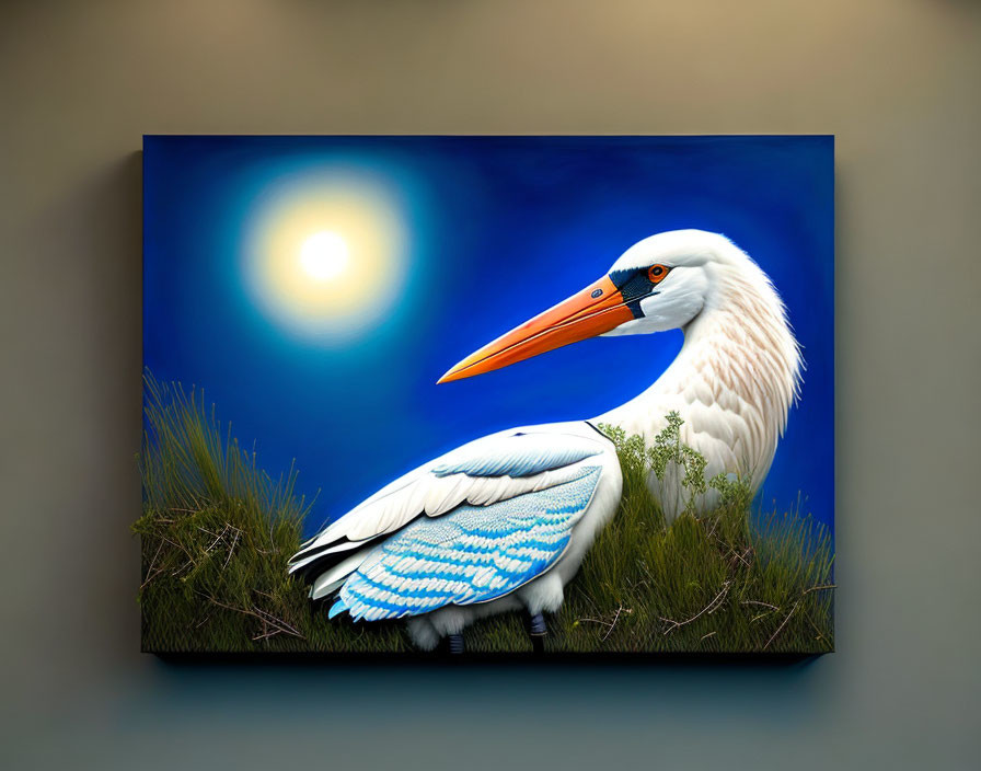 Detailed Painting of White Stork with Orange Beak in Night Sky