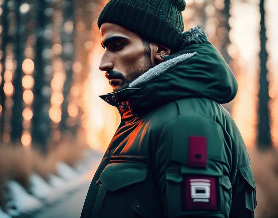 Man in Green Jacket and Beanie Against Blurry Forest Background