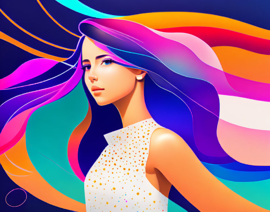 Vibrant multicolored hair digital art on dark blue background