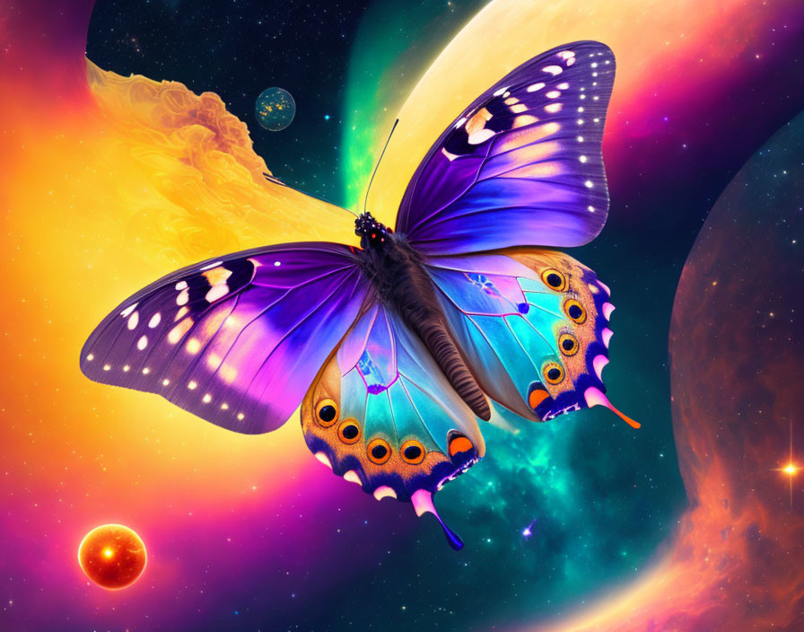 Colorful Butterfly Artwork in Space with Planets & Nebulas