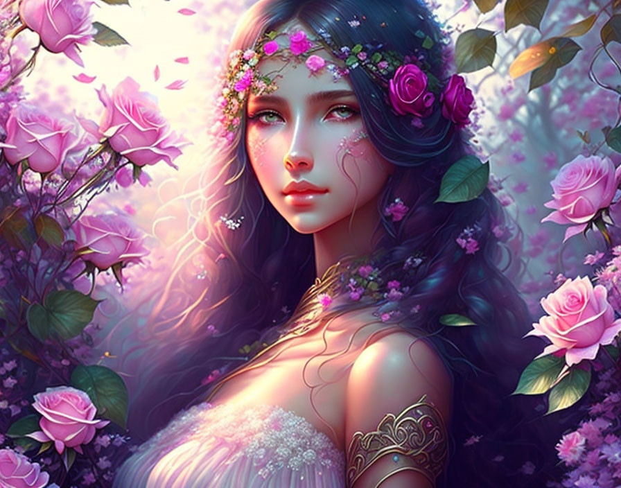 Woman with Floral Headpiece Surrounded by Pink Roses: Mystical Illustration