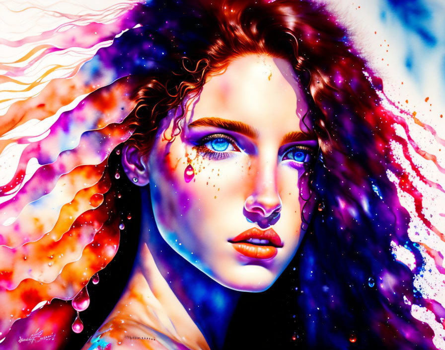 Vibrant cosmic colors in digital artwork of a woman