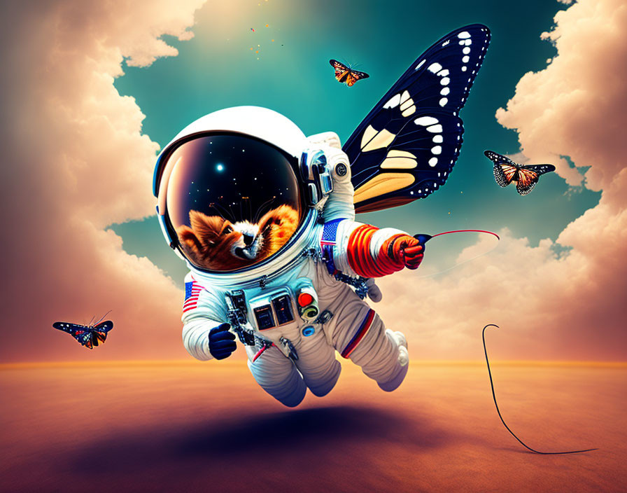 Astronaut with butterflies and cat reflection in visor against dreamy sky