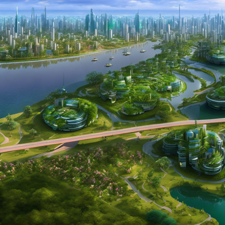 Futuristic cityscape featuring greenery-clad skyscrapers, parks, waterways, and