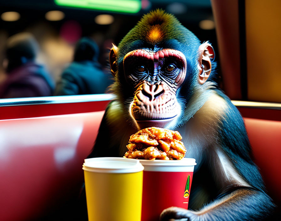 Digitally manipulated image: Mandrill at fast-food booth with cup & nuggets