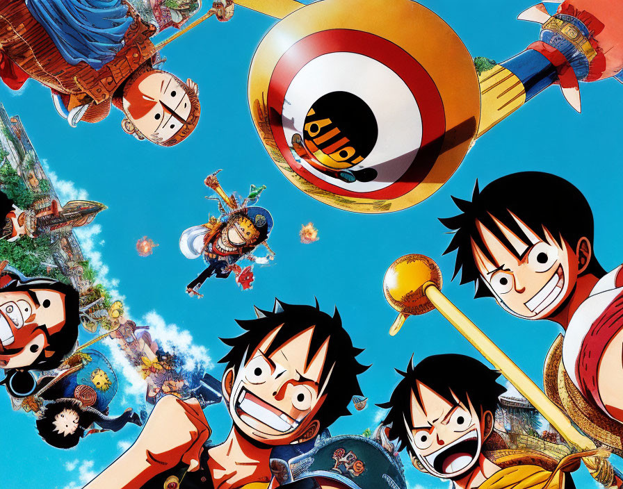 Vibrant One Piece characters illustration with Luffy against blue sky