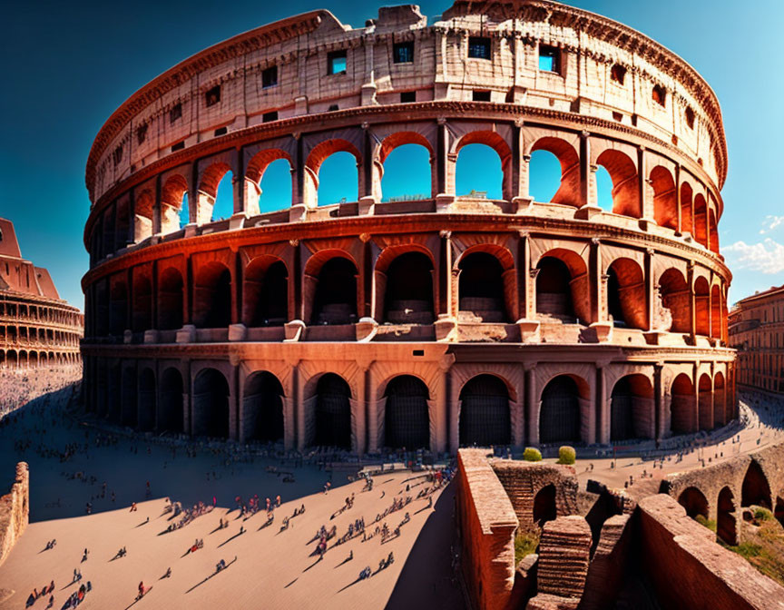 Ancient Colosseum in Rome with arches and tourists under blue sky