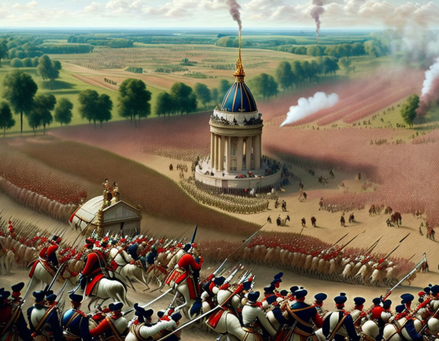 Historic battle scene with soldiers near grand domed structure