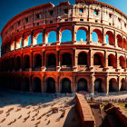 Ancient Colosseum in Rome with arches and tourists under blue sky