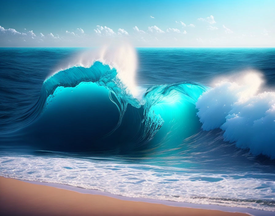 Blue wave with white froth on sandy beach under clear blue sky