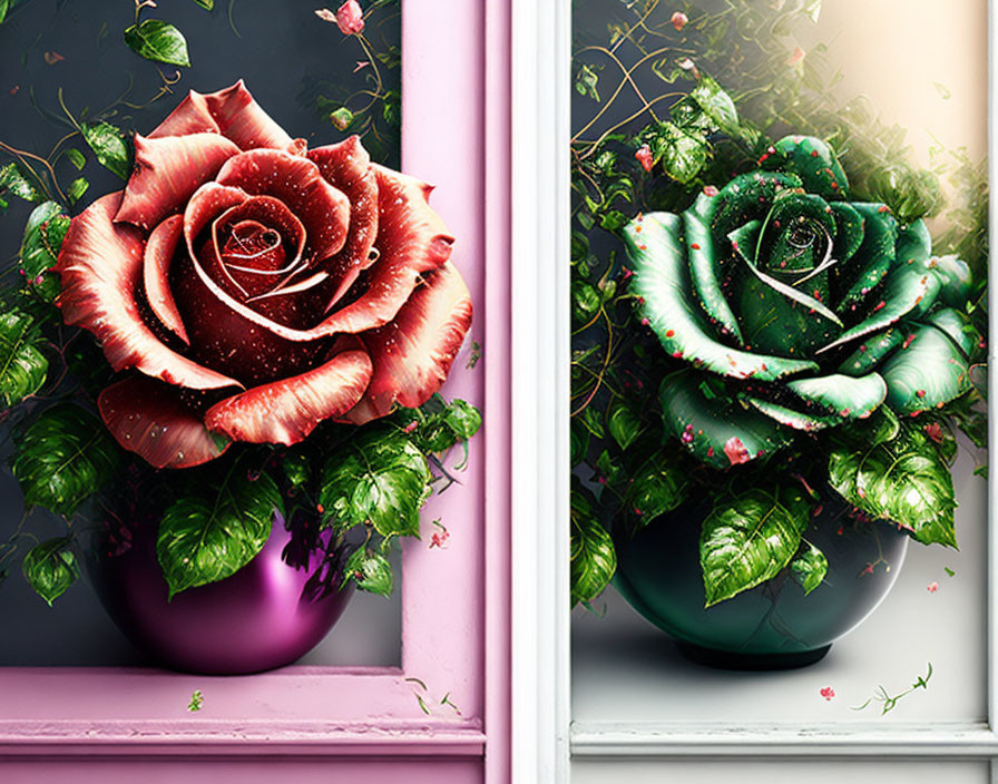 Vibrant pink and green roses in colorful vases by a nature-themed window