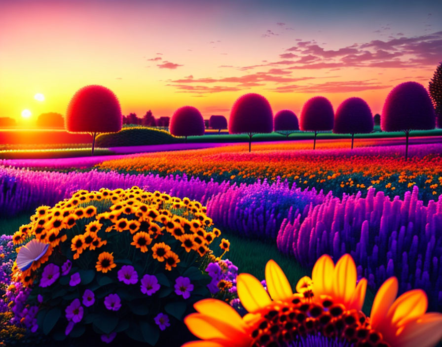 Colorful Sunrise Landscape with Round Trees and Vibrant Flowers