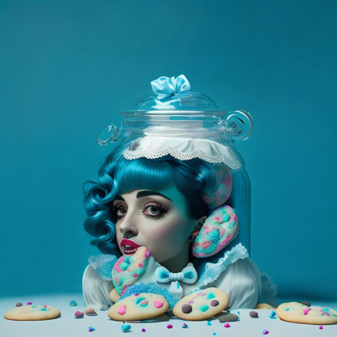 Surreal image of woman's head in cookie jar with blue hair and scattered cookies