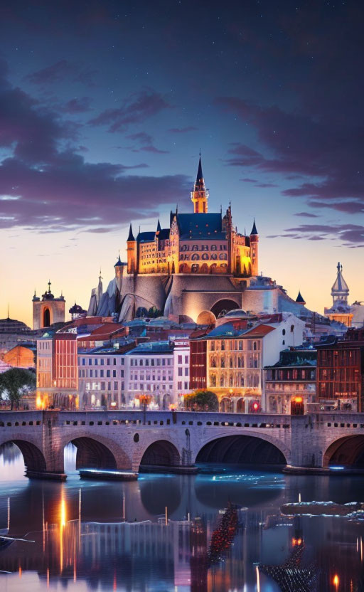 Historic castle above city with arched bridge at twilight