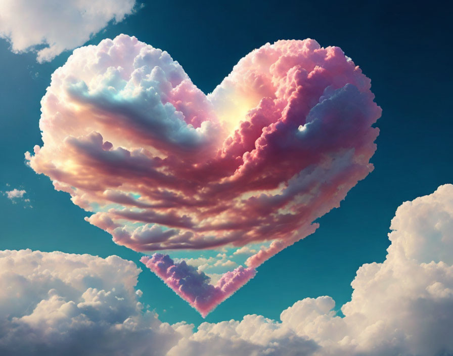 Heart-shaped cloud in blue sky with pink and orange hues