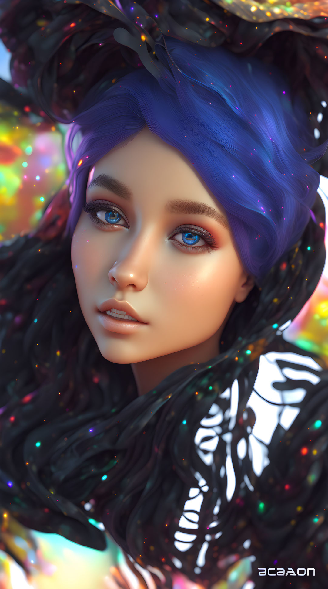 Vibrant blue hair and amber eyes in digital artwork